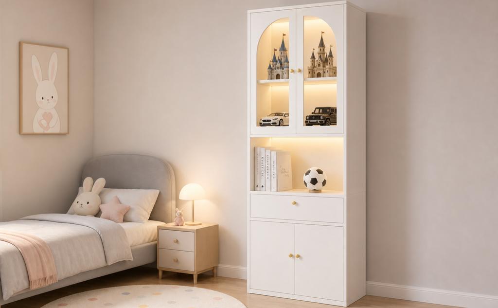 Glass display cabinet, bookcase, office cabinet, with RGB multicolor dimmable LED strips, controllable via smartphone app, white, 70 × 35 × 180 cm