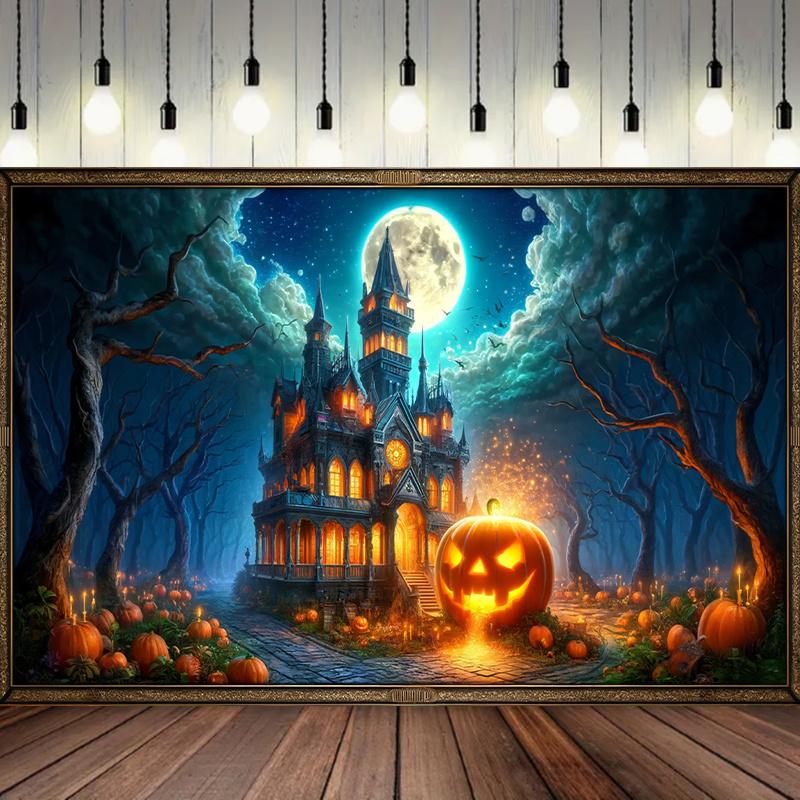 2D plane, 1 piece of 2D plane printing, strange Halloween pumpkin castle banner, eerie night sky filled with moons