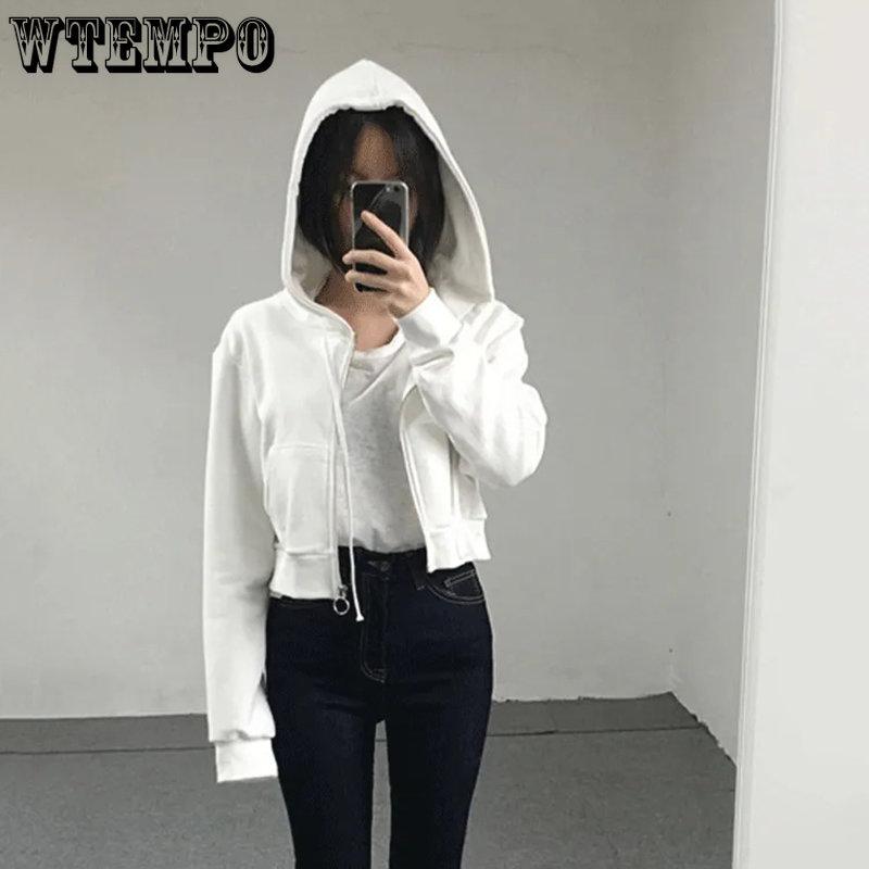 WTEMPO Толстовки женские, однотонные, свободные, в стиле Харадзюку, шикарное короткое пальто с капюшоном на молнии, женское универсальное тонкое пальто с длинными рукавами, новая уличная одежда Ulzzang