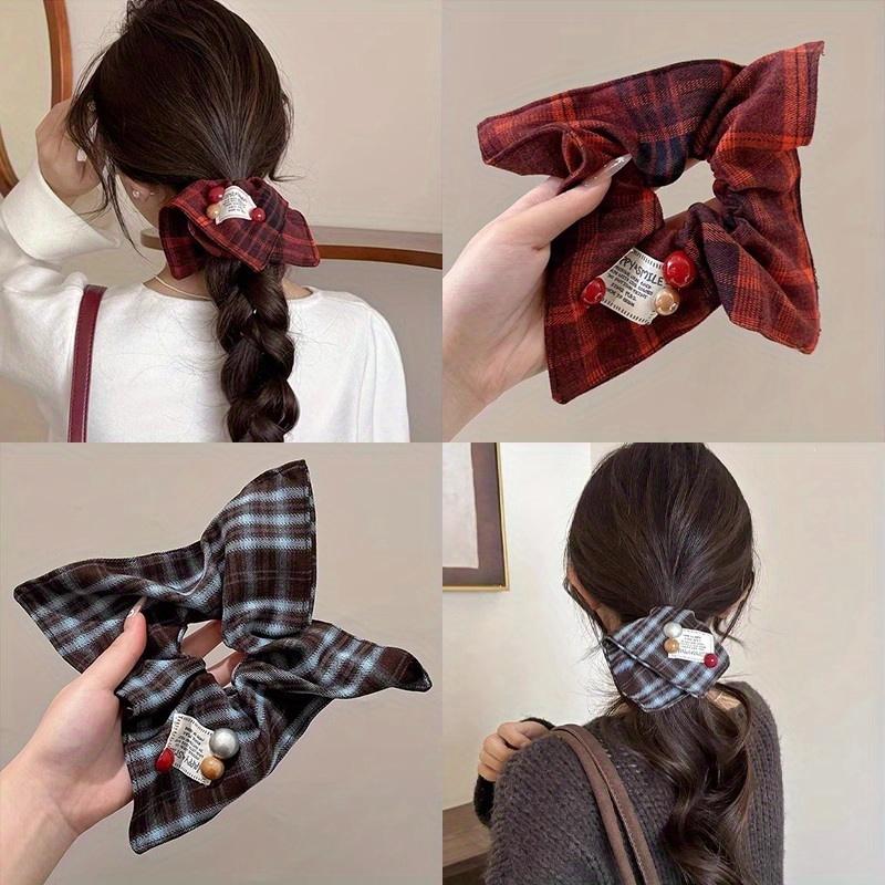 1pcs College Style Red Checkered Square Scarf with Large Intestine Headband, Women's Meatball Head Low Ponytail Square Headband Accessory.