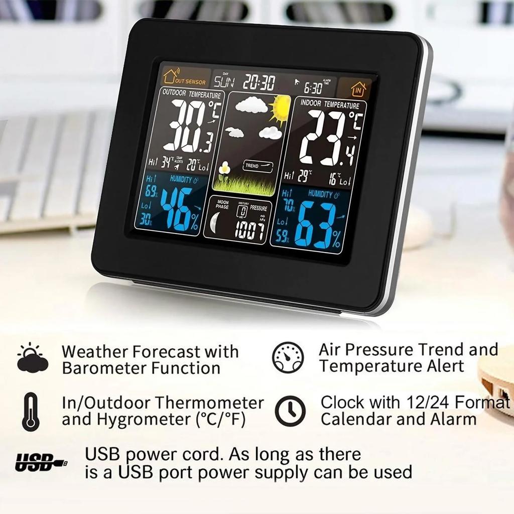 Wireless temperature and humidity meter weather clock home thermometer weather station LCD wall mounted large color screen