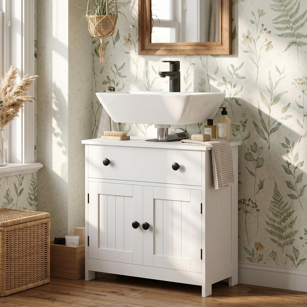 Under-Sink Cabinet, Modern and Freestanding, with Soft-Close Hinges, Drawer and 2 Doors, White