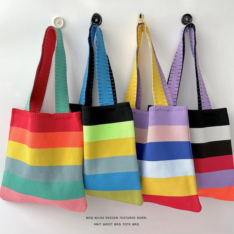 "Rainbow Knit Women's Tote: Large Capacity, Versatile Shoulder Handbag for Spring/Summer"