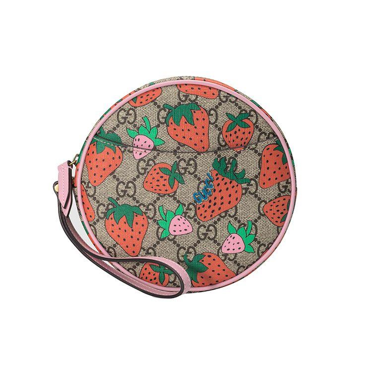 Gucci Strawberry Print Logo Canvas Round Coin Purse Handbag Women Handbags Ebony Red Pink 576213-GZRAT-8483