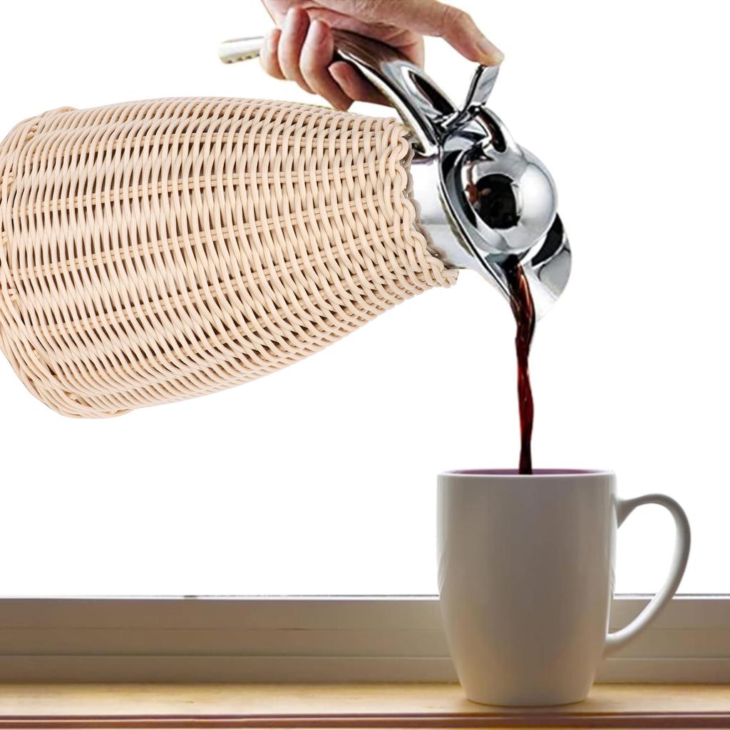 Handwoven Stainless Steel Thermal Coffee Woven Rattan Body 1.5L 3 Walled Insulated Jug Pitcher 12 Hour Heat 24 Hour Cold Retention