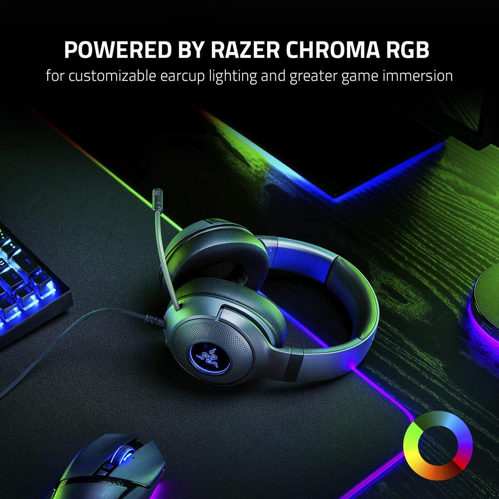 Razer Kraken V3 X Wired USB Gaming Lightweight Construction Triforce 40mm Drivers Hyperclear Cardioid Mic Surround Sound Chroma RGB Lighting Black