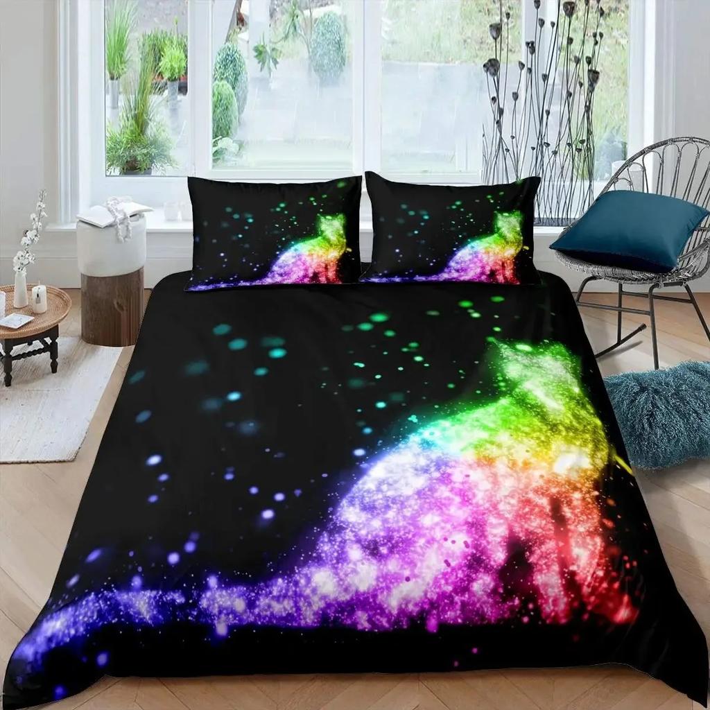 Rainbow Cat Butterfly Duvet Cover Set King,Watercolor Tie Dye Planet Galaxy Outer Space Bedding Set Shiny Golden Glitter Bed Set