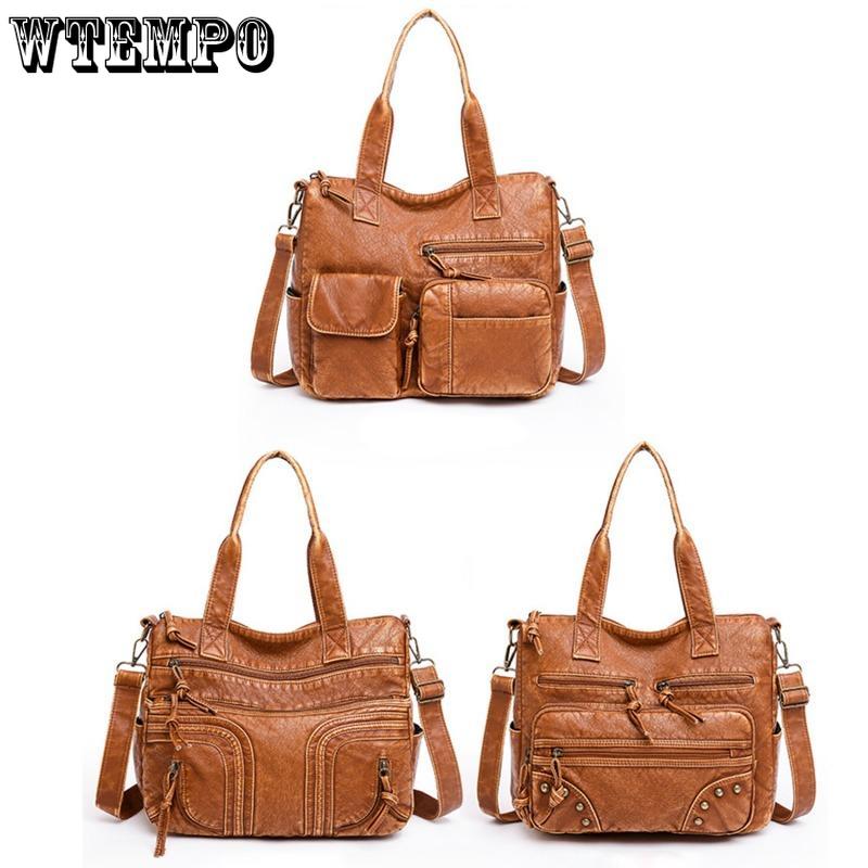 WTEMPO Ретро мытая кожаная сумка Модная женская большая сумка большой емкости с несколькими карманами
