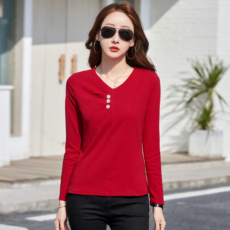 Spring and Autumn Women's Thin Bottoming Temperament Cotton Long-sleeved V-neck T-shirt