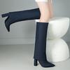 FOREADA Women Knee High Long Boots Pointed Toe Chunky High Heels Denim Gogo Boots Ladies Fashion Shoes Autumn Winter Sky Blue 43