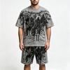 Summer Fashion Gothic Style Vintage Death Knight Printed Round Neck Short Sleeved T-Shirt And Shorts Set Men's and Women's T-shirt Shorts Set