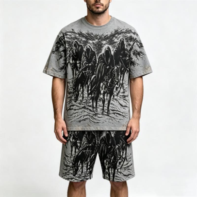 Summer Fashion Gothic Style Vintage Death Knight Printed Round Neck Short Sleeved T-Shirt And Shorts Set Men's and Women's T-shirt Shorts Set