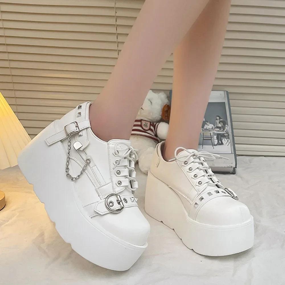 Платформа Заклепки Цепи Украшения Женские Туфли Готический Панк Танкетка Высокие Каблуки Девушка Субкультура Y2k Обувь Женщина