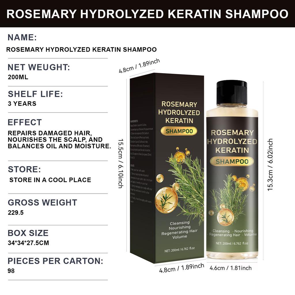 Cross-Border Rosemary Hydrolyzed Keratin Shampoo 200ml Deep Cleansing Repair Strengthens Hair Roots Oil Control Volumizing Neutral Packaging