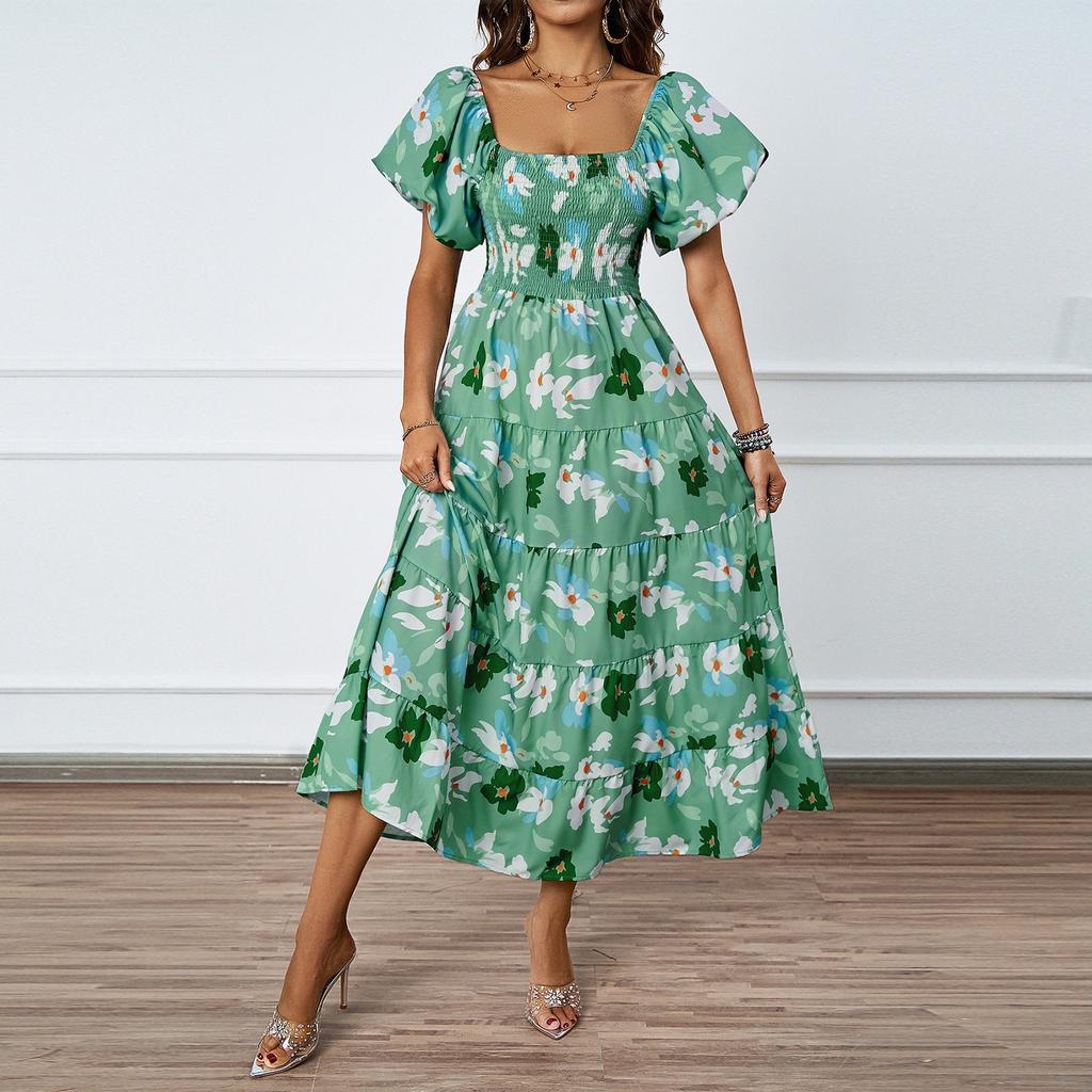 Женское модное платье с квадратным вырезом и цветочным принтом, короткими рукавами и эффектом темперамента