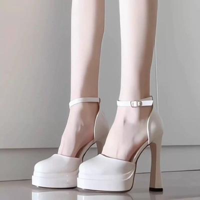 Мода Женская Мода Туфли на Тонком Каблуке Весна Новые Круглый Носок Глубокий Вырез Толстая Подошва Противоскользящие Износостойкие Высокие Каблуки