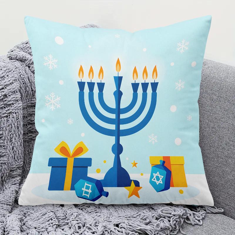 Happy Hanukkah Pillowcase Blue Menorah Dreidel Cushion Cover Jewish Holiday Festival Home Decor for Sofa Living Room