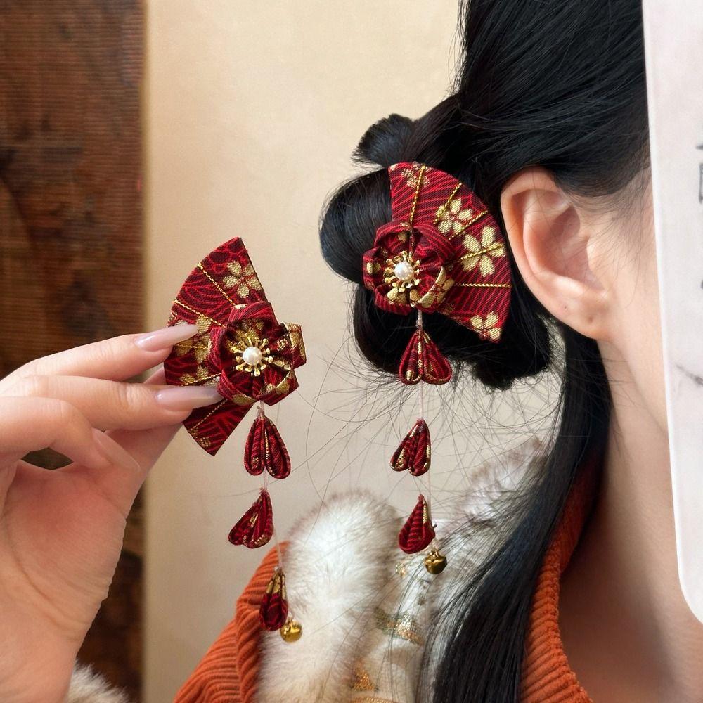Flower Kimono Sakura Hairpin Sakura Hanfu Fan Hair Clip Sweet Tassel Fan Hair Clip Outdoor