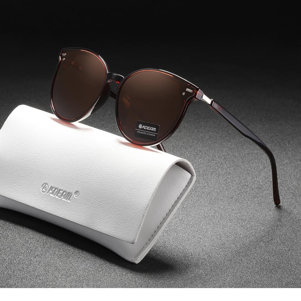KDEAM Soft TR90 Material Women Sunglasses Cat Eye Polarized UV400 Mirror Sun Glasses Round Black Shades With Leather Case