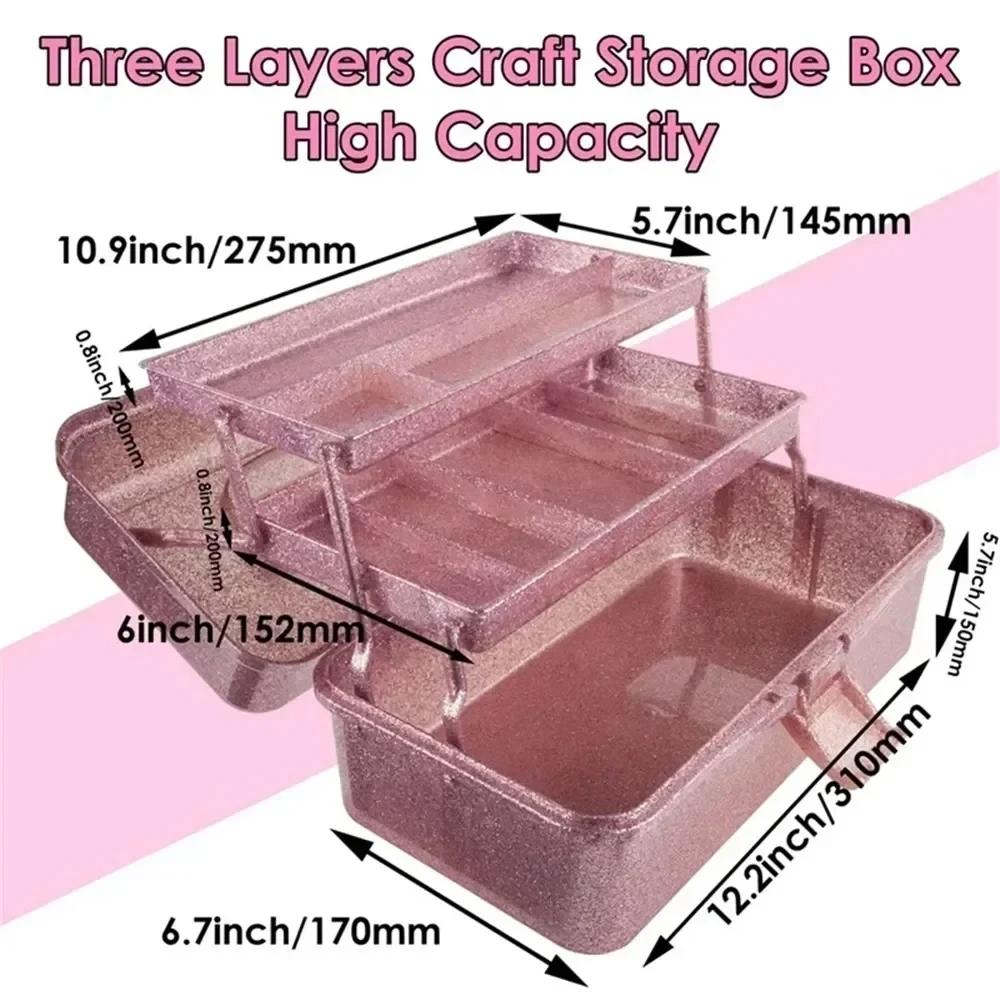 Glitter Three-Tier Fold Out Plastic Storage Case Hand Carry Divided Organizer for Makeup Nail Art Small Hardware Craft Accessori