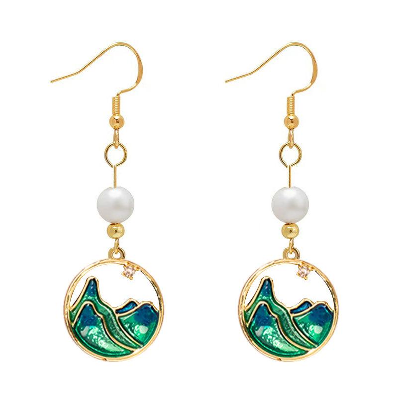 Серьги в китайском стиле Гуочао Ретро, Капельная Эмаль Нишевые Крючки Только Зеленые и Тысячи Миль Гор и Рек Серьги, Высококлассное Ощущение
