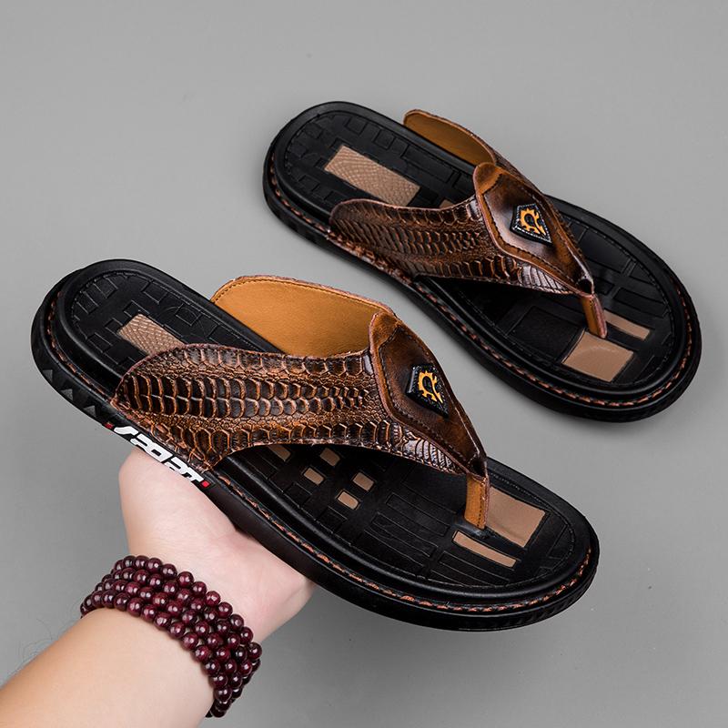 Genuine Leather Men Slippers Handmade Flip Flops Crocodile Grain Style Summer Men Casual Shoes Non-slip Outdoor Men Beach Shoes
