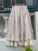 Vintage Mori Cotton Linen Patchwork Lace Skirt Spring All Match Elastic Waist Japanese A-Linen Women Skirts
