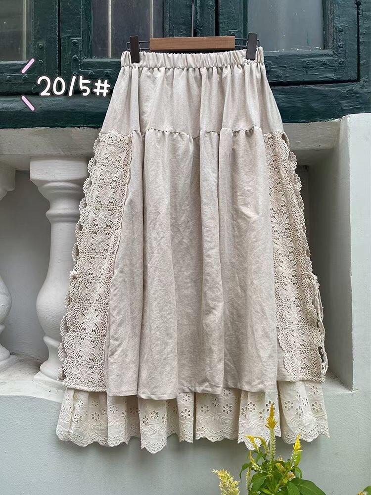 Vintage Mori Cotton Linen Patchwork Lace Skirt Spring All Match Elastic Waist Japanese A-Linen Women Skirts