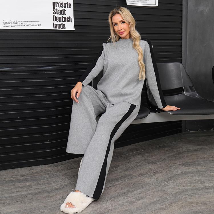 Осенне-зимний женский повседневный вязаный свитер, брюки, комплект из двух предметов, пуловер с длинным рукавом и брюки с широкими штанинами, спортивный костюм