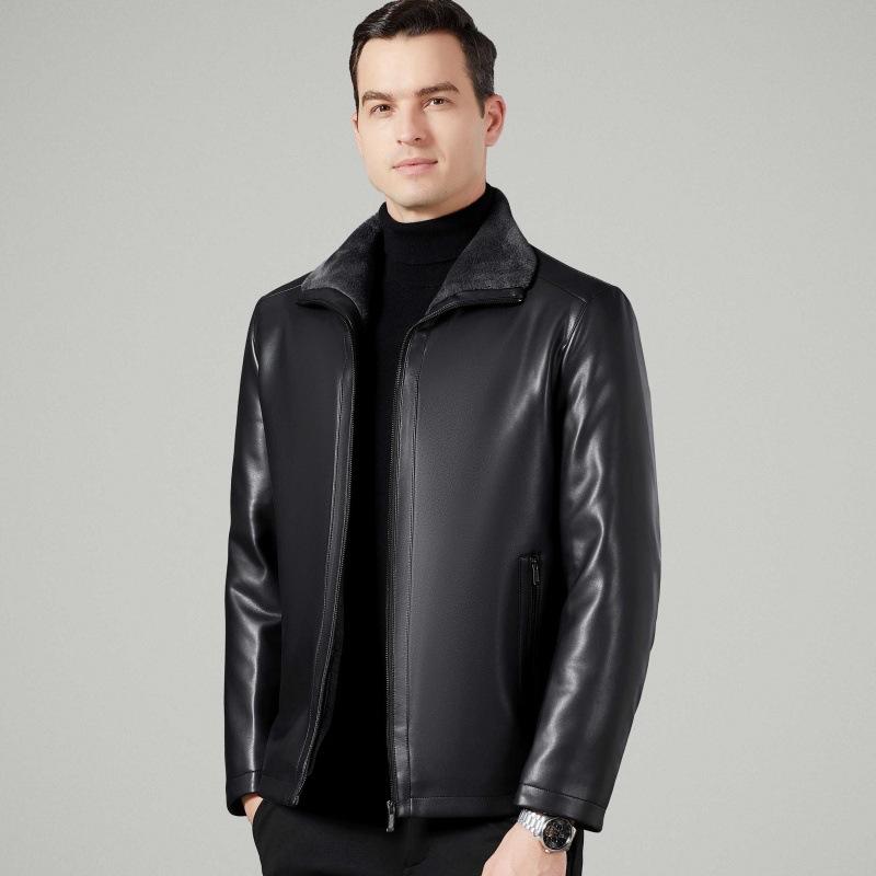 Fur-in-one Leather Jacket for Middle-aged and Elderly Men, Plus Velvet and Thickened Leather Jacket, Winter Genuine Leather Daddy Lapel Jacket