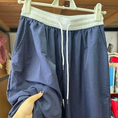 Новые весенние и летние темно-синие широкие брюки для женщин, летние тонкие свободные повседневные спортивные брюки контрастного цвета прямого кроя из быстросохнущего материала