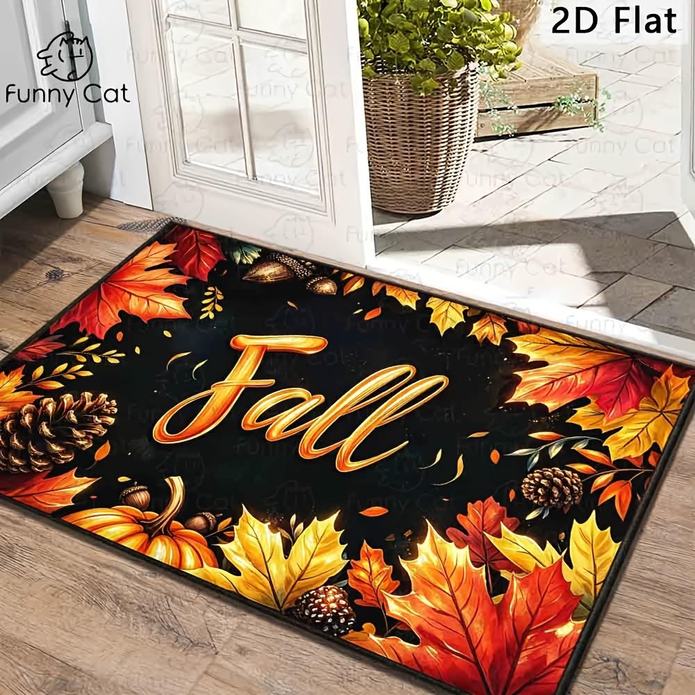 1pc, Autumn Harvest Doormat, Fall Script Letter Pumpkin Maple Leaves Pinecone Acorn Black Background Floor Rug, Rustic Farmhouse Style, Seasonal Holid