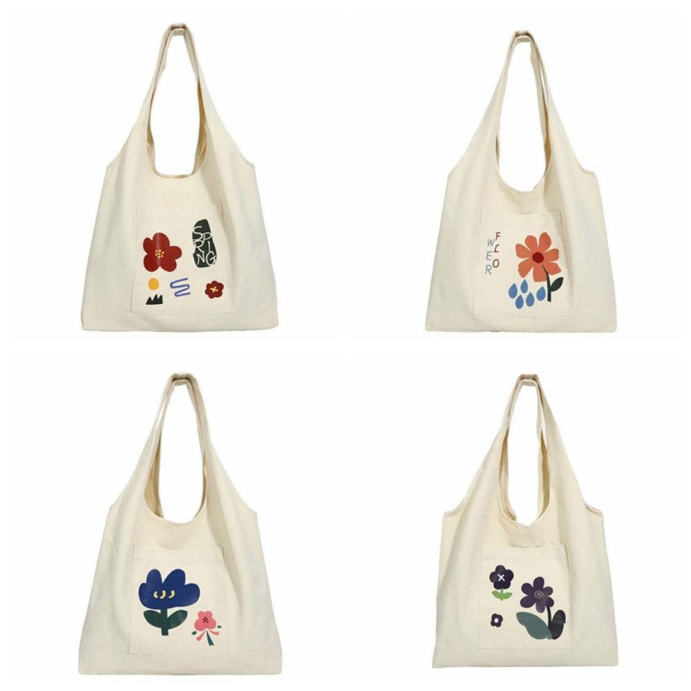 Korean Style Canvas Shoulder Bag Large Capacity Women's Armpit Bag Cute Flower Tote Bag  Girls