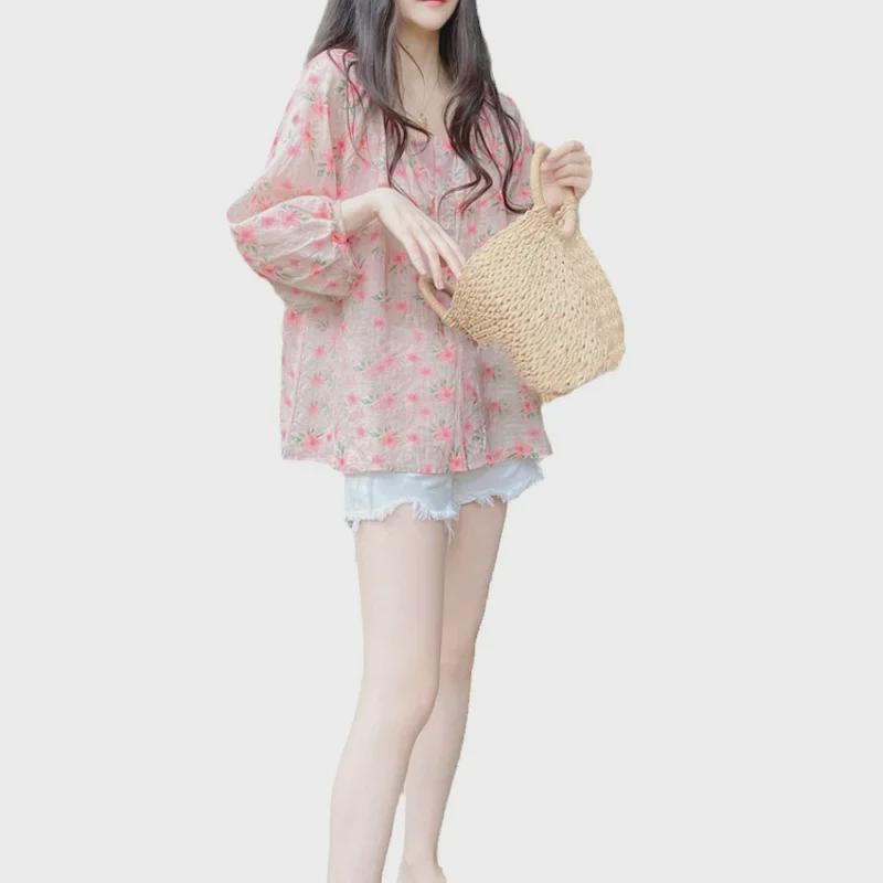 Женская летняя блузка 2024 года из рами с цветочным принтом и V-образным вырезом, рукавами-фонариками