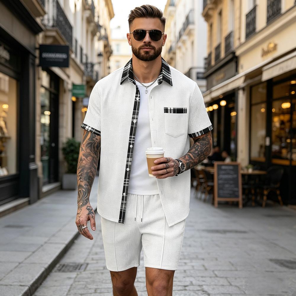 Men S Waffle Plaid Short Sleeve Shirt And Shorts Two Piece Set