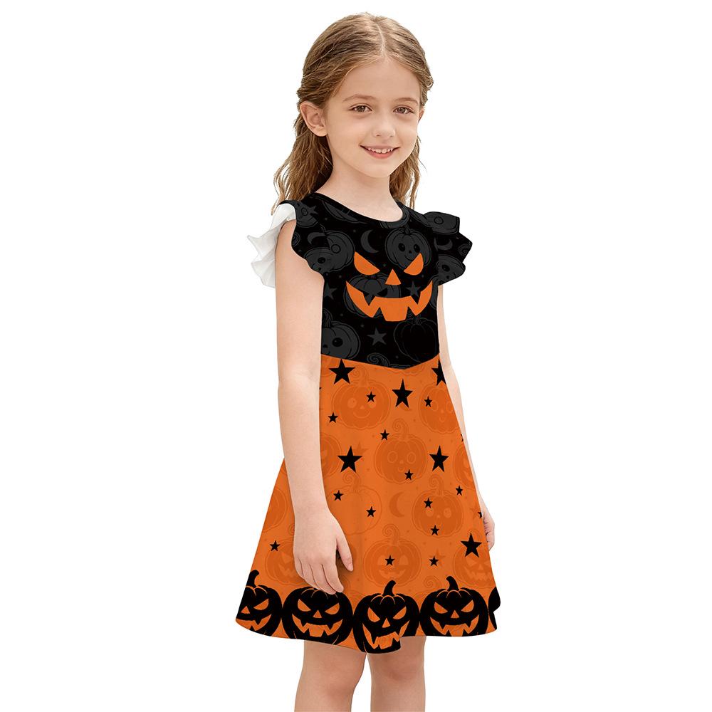 Halloween Girls' Pumpkin & Black Cat Print Princess Dress with Small Flutter Sleeves