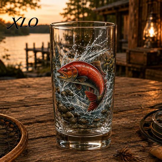 Outdoor Camping Drinkware Fishing Pint Glass Cup, Realistic Jumping Fish Pattern Design, Thickened Mountain Scenery Cups Creative Cup for And