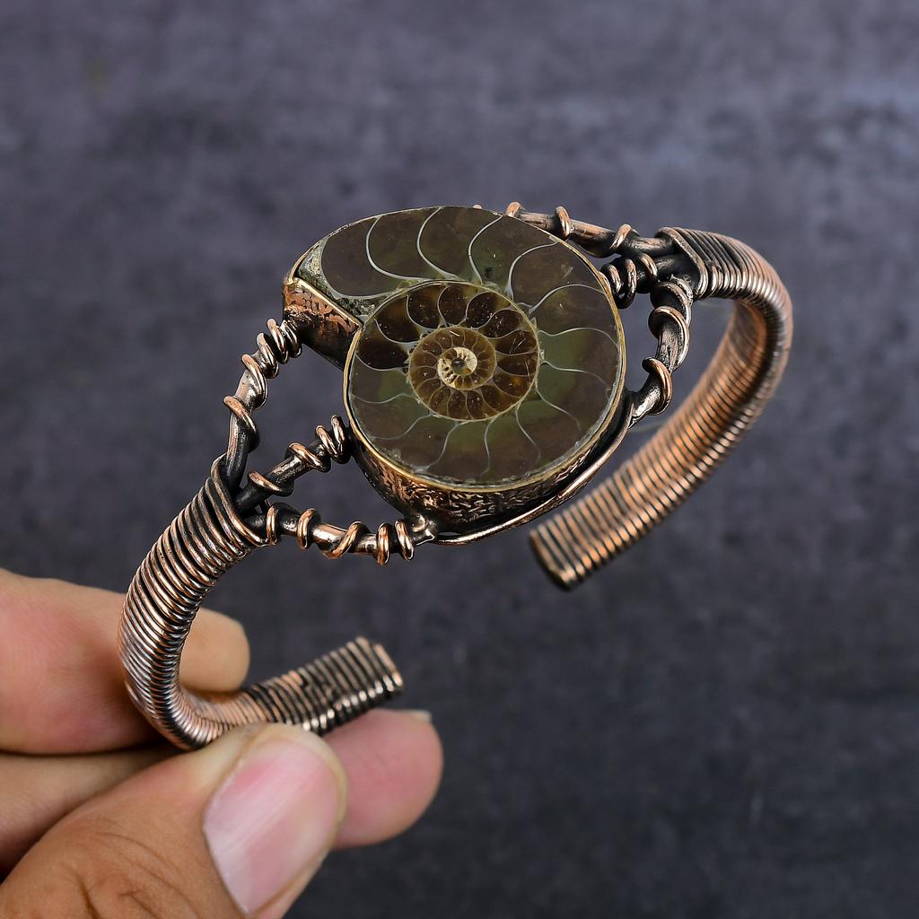 Ammonite Fossil Gemstone Handmade Copper Wire Wrap Cuff Bangle Adjustable U6k82