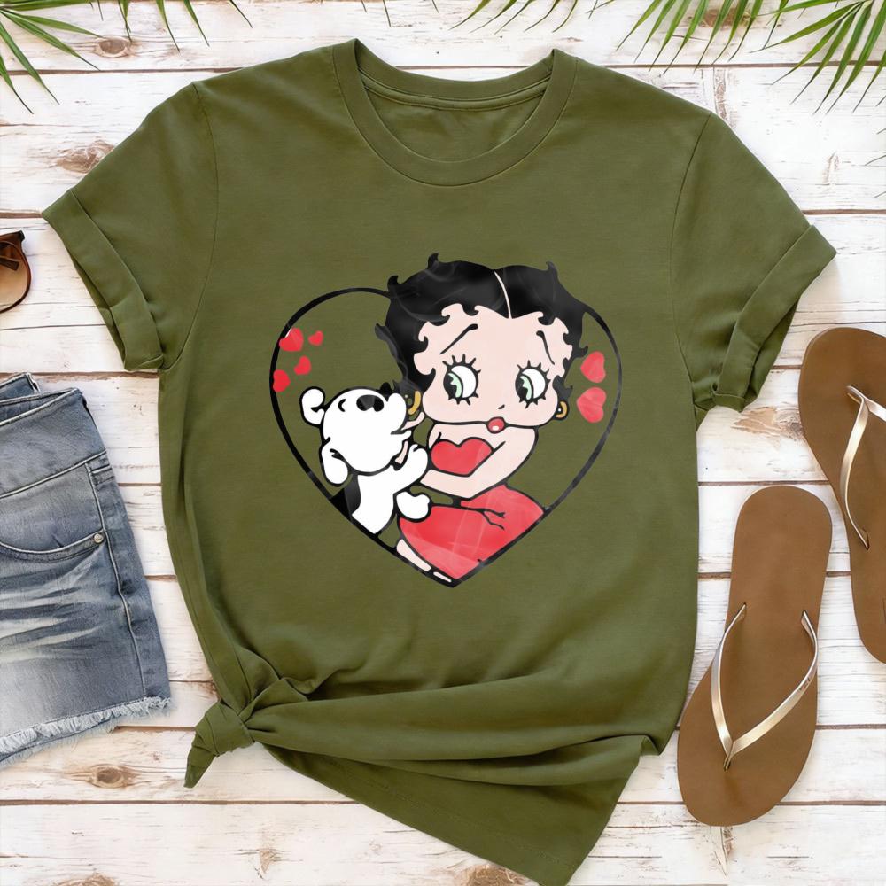 Betty Boop with Pudgy Dog Shirt Vintage Women Summer Cotton Short Sleeve Retro Cartoon Girl Graphic Printed Casual Daily Outfit