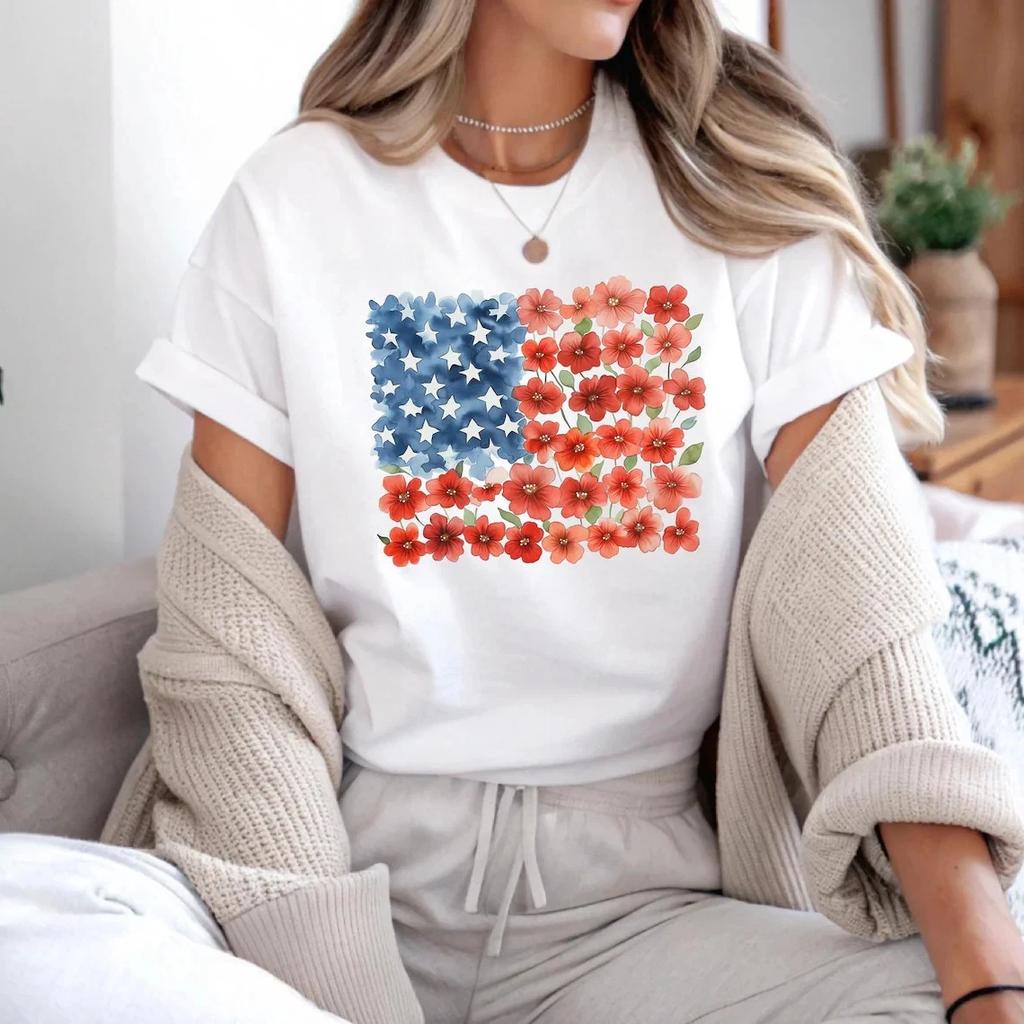 Floral American Flag Shirt Patriotic 4th of July Graphic Tee Poppy Flower Shirt