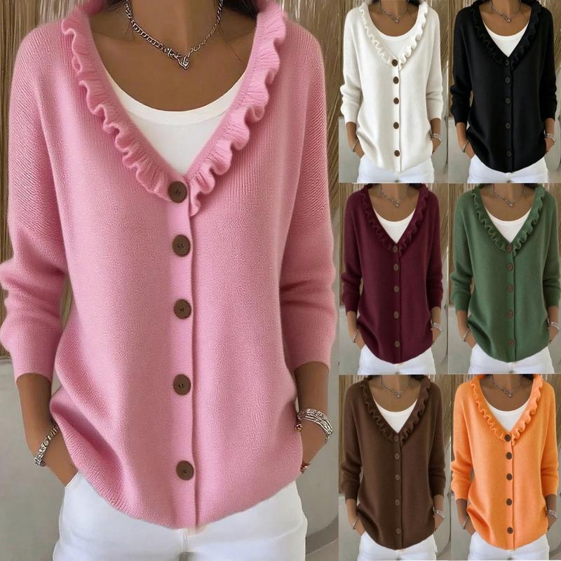 Women S Ruffled V Neck Solid Color Knit Cardigan Casual Autumn Winter Sweater Coat