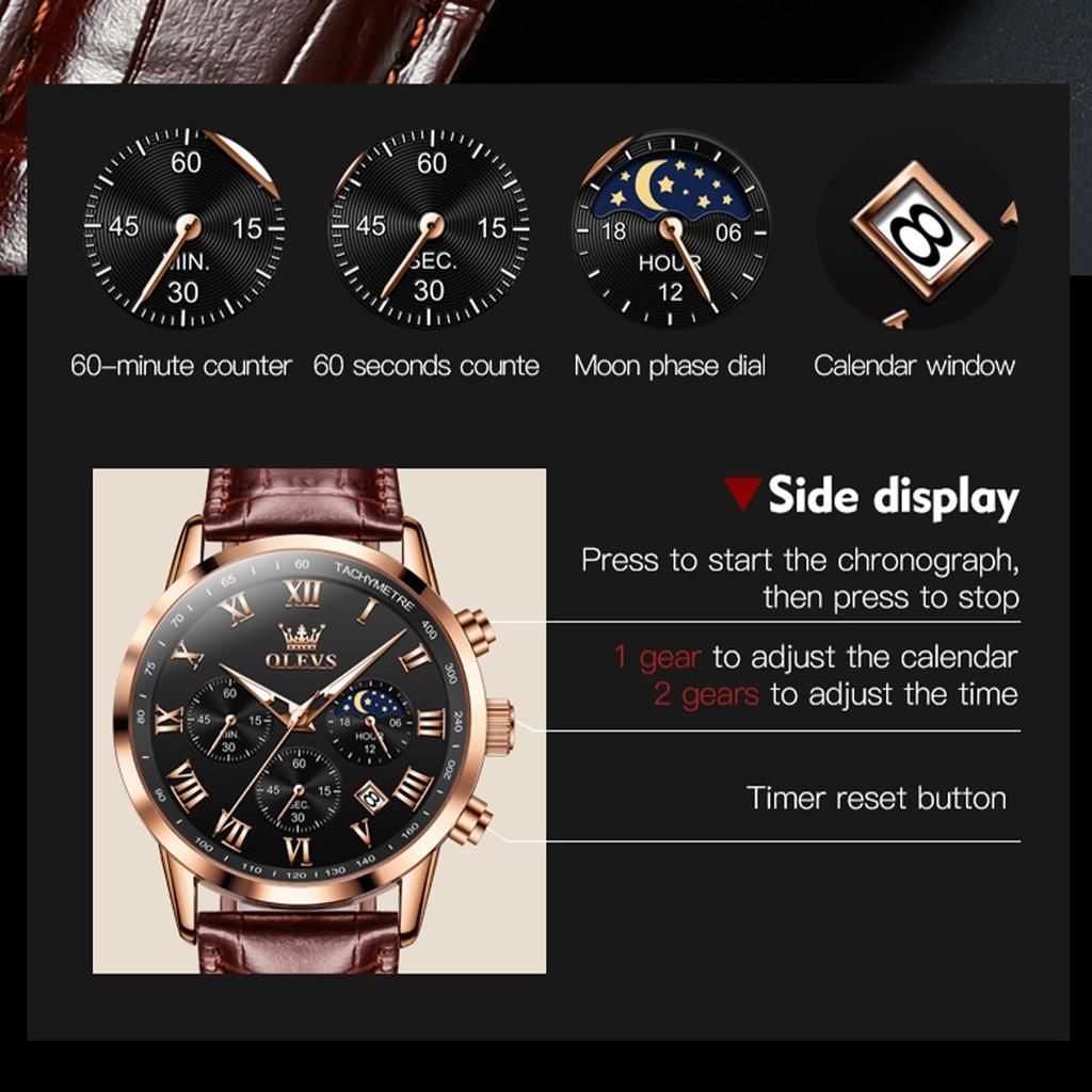 OLEVS Men Watch Brown Leather Strap Chronograph Waterproof Roman Numeral Dial Analog Quartz Wristwatch