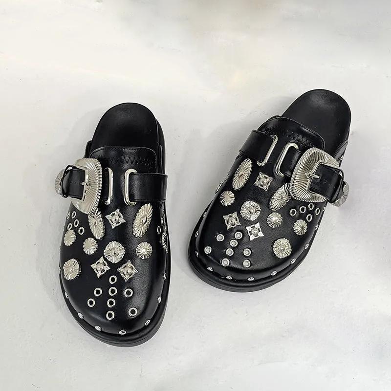 Fashion Summer Women Slippers Platform Rivets Punk Rock Leather Mules Creative Metal Fittings Casual Party Shoes Female Outdoor Slides