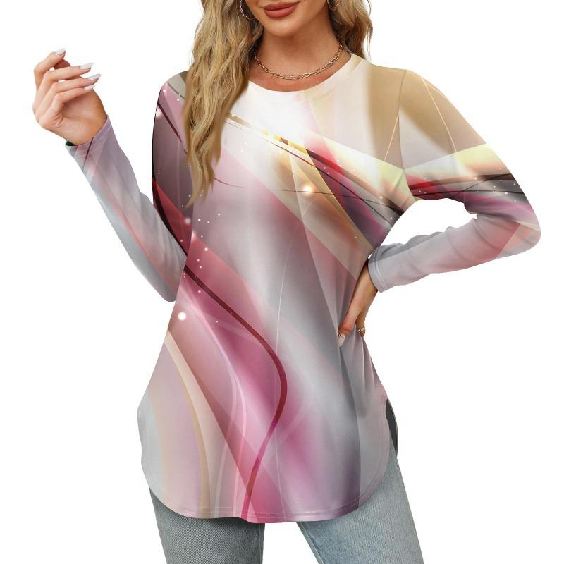 Womens Long Sleeve Round Neck Shirts Side Split Basic Loose Tunic Tops Floral Print Casual Shirts T-Shirts Women’s