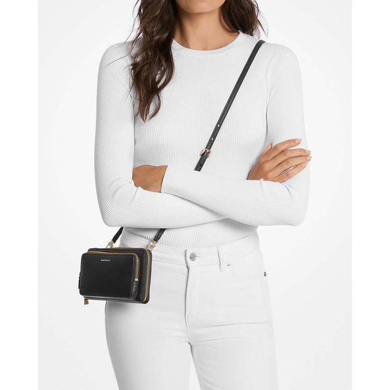 MICHAEL KORS Jet Set Gold Metal Logo Adjustable Detachable Shoulder Strap Pebbled Leather Shoulder Bag Large Women's Black