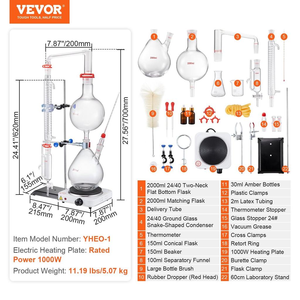 Essential Oil Distillation Kit, 2000ml Distillation Apparatus, 3.3 Boro Lab Glassware Distillation Kit with 1000W Heating Plate and 24, 40 Joint, 28