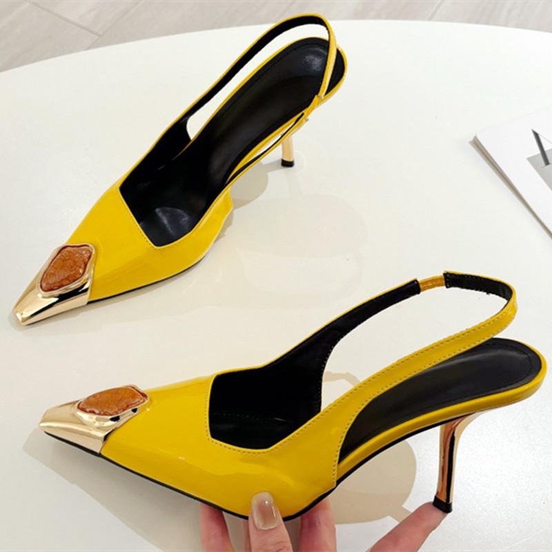 Fashion Metal Jewelry Decorated High Heels Women Sexy Pointed Toe Patent Leather Slingback Heeled Sandals Elegant Party Wedding Shoes
