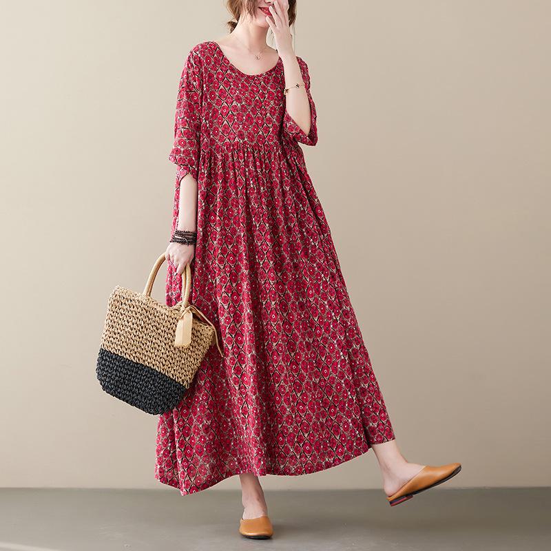Johnature Женское платье с коротким рукавом и принтом, весна-лето, повседневное винтажное свободное платье с круглым вырезом, женские красные платья