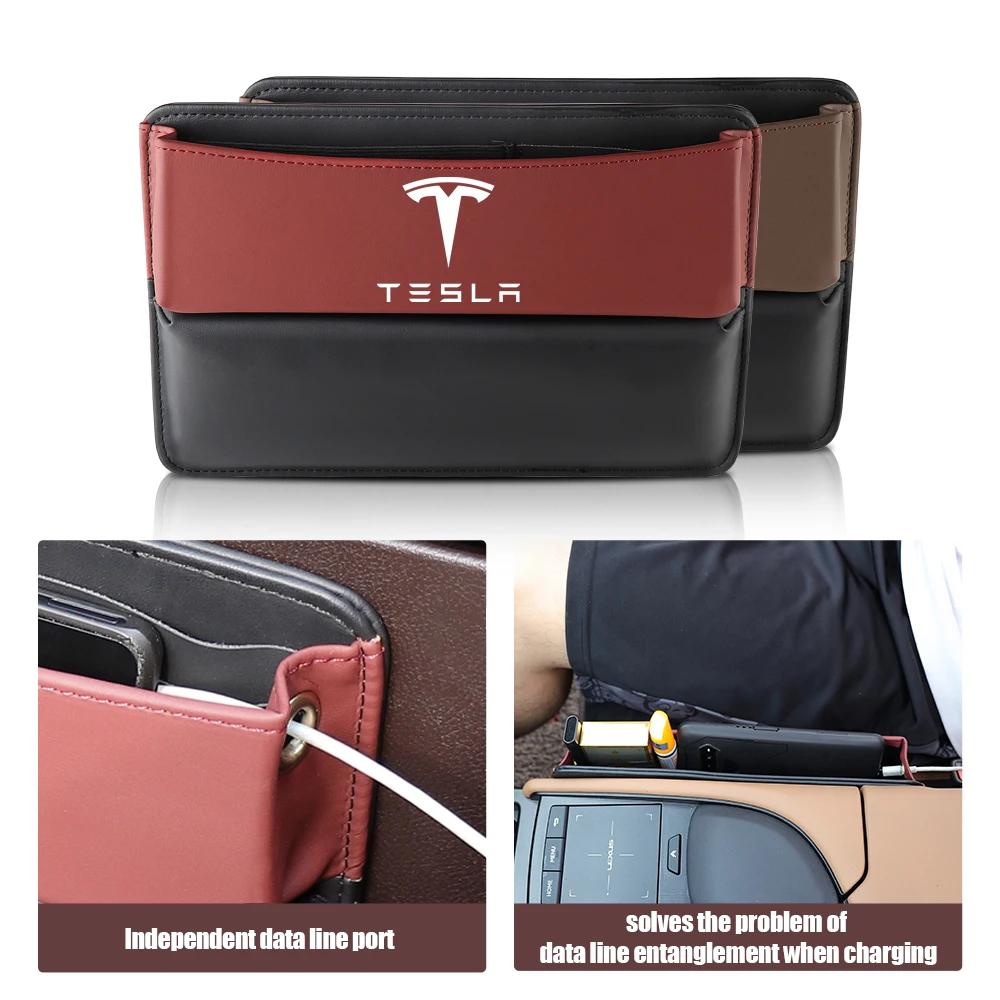 Car Sticker Tesla Car Emblem Leather Central Console Storage Box Auto Side Seat Gap Accessories For Tesla Model 3 Model S Model