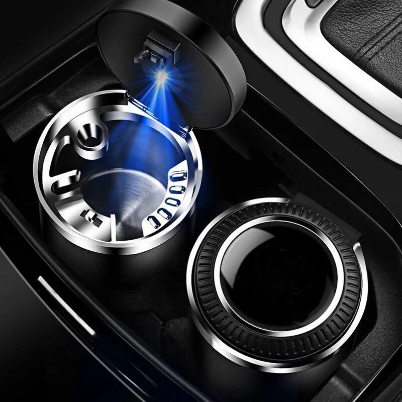 1 Pc New Black Car Ashtray with Metal Liner Universal One-button Open Cover Storage Bucket with LED Light Decorative Accessories